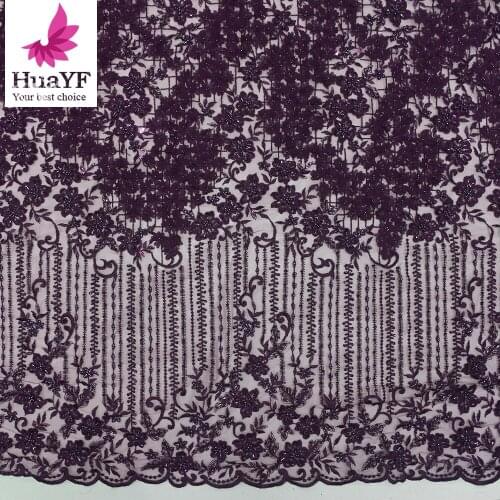 Dark Purple 3D Flower Net Embroidery Lace Dress Fabrics With Beads And Sequins For Party HY1270