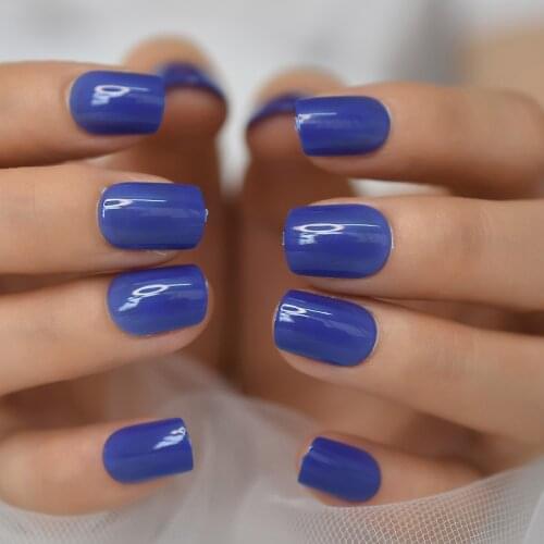 Dark Blue Square Short Press on Fake Nails Reuseable Shiny Gel Cover False Fingernails Manicure Art Tips for Women and Girl
