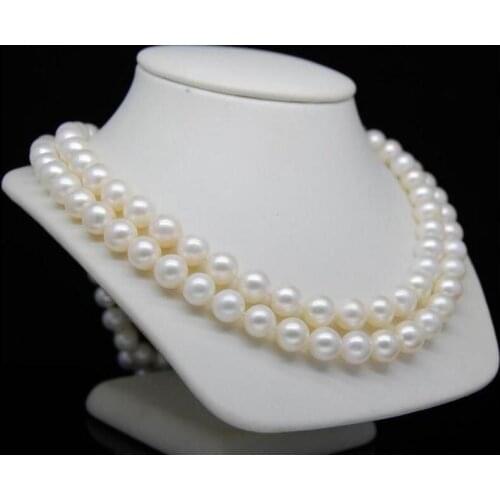 2 ROW 10-11mm AAA south white natural pearl necklaces 17"-18" Yellow clasp