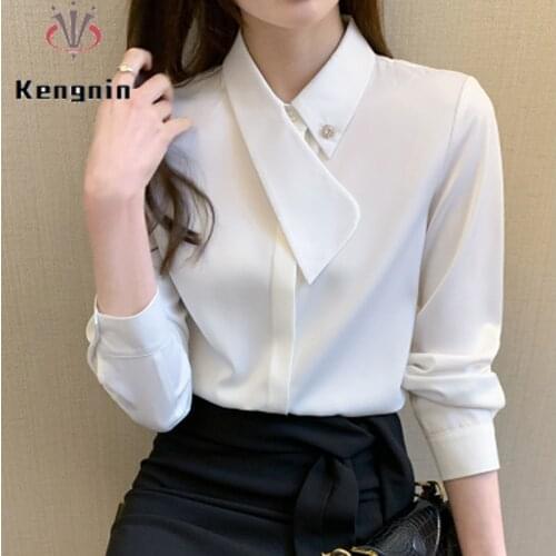 2021 Spring Autumn White Blouse Fashion Long Sleeve Womens Shirt Solid Color Brand Blause Elegant Tops Female Clothing KN58