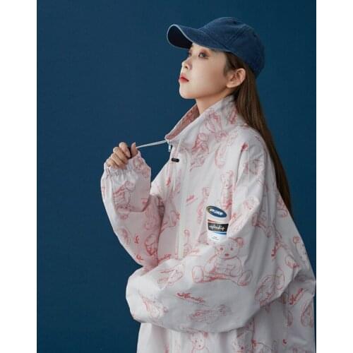 Woman Jacket Cartoon Printed Casual Loose Jacket New Sports Style Baseball Jacket Draw String Women Coat 2021 Spring And Autumn