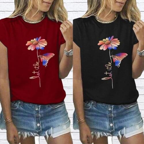 Women Casual T-shirt O Neck Short Sleeve Flower Butterfly Print Loose Blouse Top suitable for work travel shopping