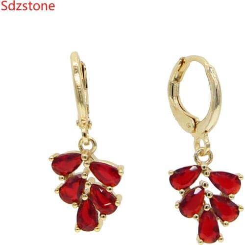 Shinny Water Drop red green CZ Zirconia Leaf Hook Dangle Earrings For Women Fashion Anniversary Bridal Wedding Jewelry
