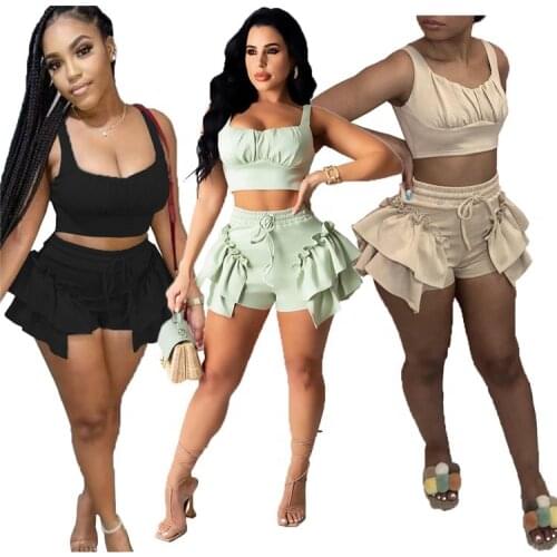 2021 Sexy Ladies Beach Outfit Crop Tank Tops Ruffles Drawstring Shorts Summer Women 2 Piece Set
