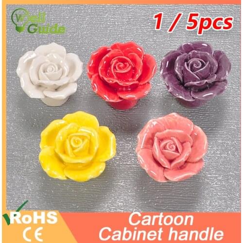 1/5Pcs Rose Cartoon Children Room Ceramic Cabinet Knobs Moon Star Wardrobe Handle Garden Door Handle Cabinet Handles for Kids