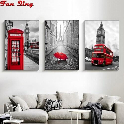 3pcs 5D DIY Diamond Painting Landscape London Red Telephone Booth,Red Bus Paris Mosaic Cross Stitch Embroidery Scenery Big Ben