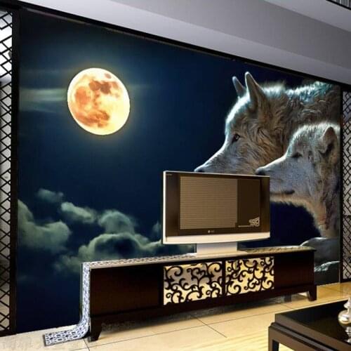 8D Large Mural Night Moon Wolf Wall Art 3d Wallpaper Animal Mural 3D Wall Mural Wall paper for Living Room Background Home Decor
