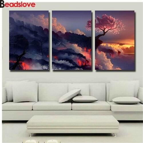 DIY Diamond Painting Cross Stitch Magic Cherry Tree in Volcanoes Diamond Embroidery 5D Art Full Square Drill Mosaic Gift 3 pcs