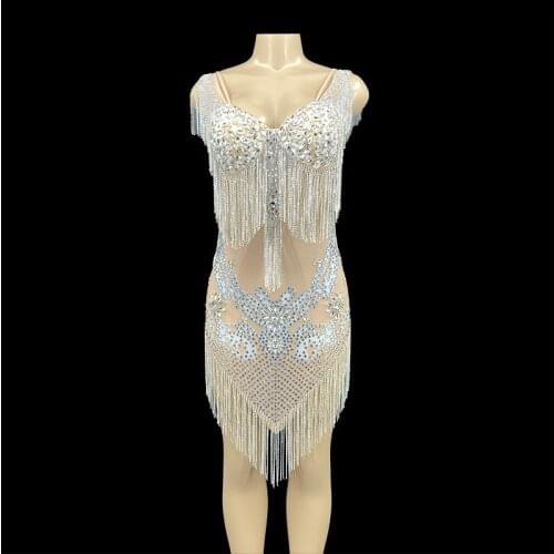 Sparkly Silver Rhinestone Fringe Transparent Bodysuit Women Dancer Show Celebrate Outfit Prom Bar Birthday Outfit