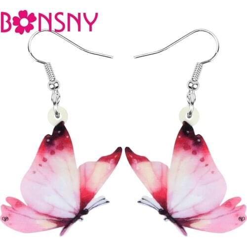 Bonsny Acrylic Pink Butterfly Earrings Aesthetic Big Insect Animal Dangle Drop Jewelry For Women Girl Kid Charm Gift Accessories