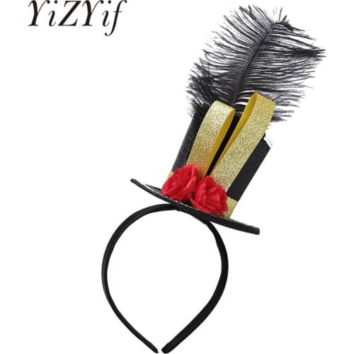 Kids Girls Steampunk Feather Hat Headwear Fancy Mini Top Hat Fascinator Headband with Feather Rose for Halloween Carnival Party