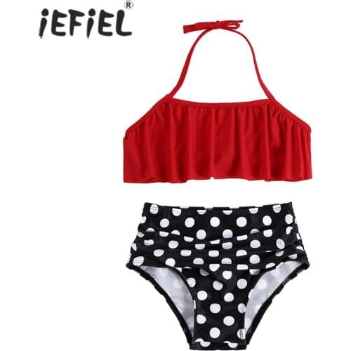 Kids Girls Swimwear Halter Neck Ruffle Bikini Crop Top Swimsuit+Polka Dots Bottoms Summer Girls Beachwear Bathing Suit 2Pcs Sets