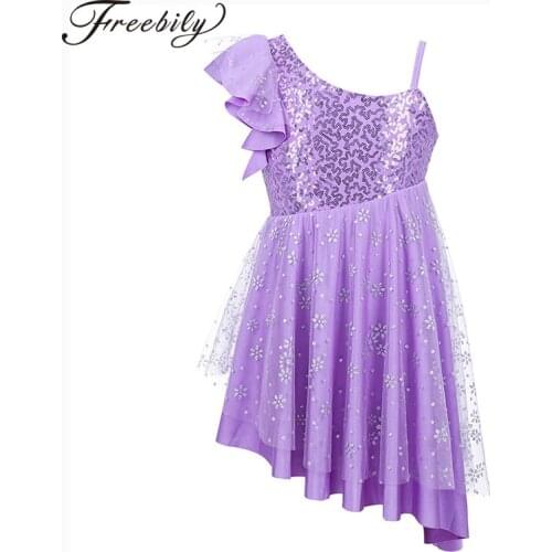 Kids Girls One Shoulder Ballet Tutu Dress Shiny Sequins Irregular Ballet Leotards Child Gymnastics Leotard Stage Dance Costumes