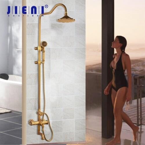 JIENI Antique Brass Bathroom Shower Set Wall Mounted Hand Held Shower Carving Shower Head Hand Sprayer Mixer Unit Shower Faucet