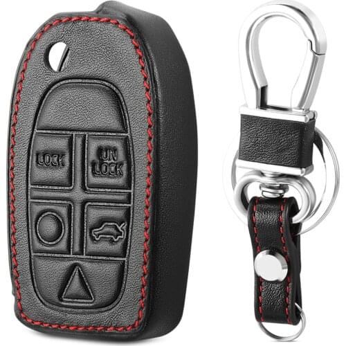 Leather Car Key Case For Volvo S80 S60 V50 V70 XC70 XC90 5 Button Remote Fob Shell Cover Keychain Protector Bag Auto Accessories