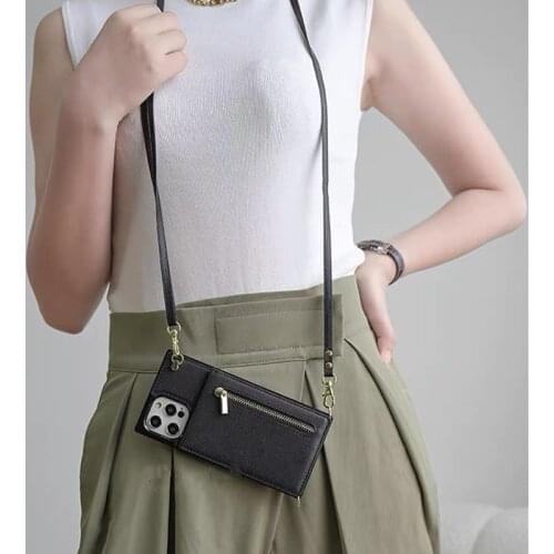 For iphone 12 11 pro max Xs max XR 8 7 6s 6plus Crossbody Card Zipper Wallet Square Phone Case with long chain leather phone bag