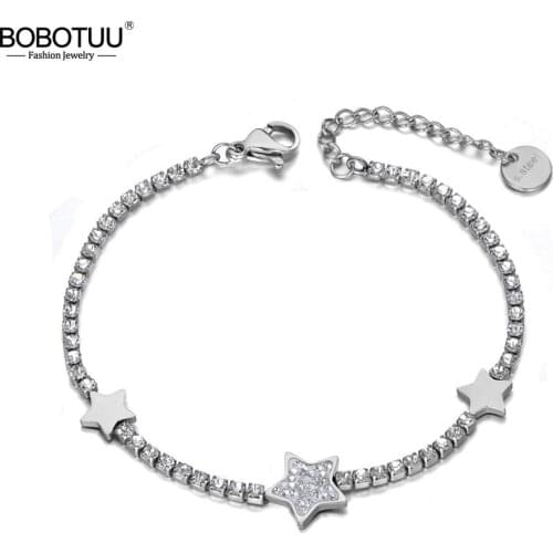 BOBOTUU Trendy Clay Rhinestone Star Charm Bracelets For Women Girls Stainless Steel CZ Link Chain Bracelet For Christmas BB19132