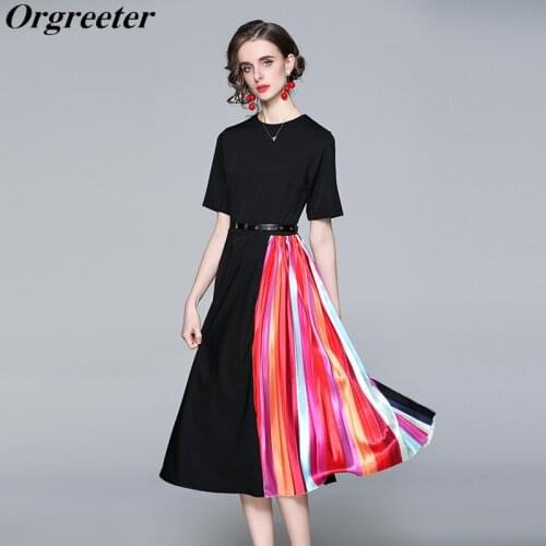 Fashion Printed Pleated Fake Two Piece Dresses Woemn Summer Fall Elegant Ladies Patchwork Slim Belted A-line Robe Femme
