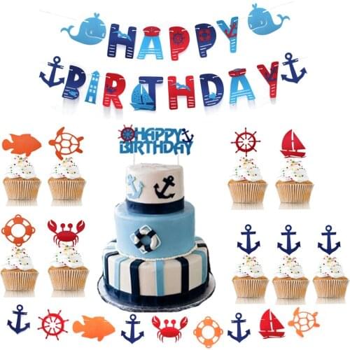 Nautical Cupcake Toppers for Boys Sailor Anchor Nautical Happy Birthday Banner Nautical Party Birthday Supplies Decorations