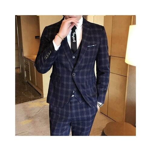 Fashion Lattice Men Suits for Wedding Slim Men Suit 3 Pieces Set 2020 Formal Blazer Man Business Dress Tuxedo Jacket Vest Pants