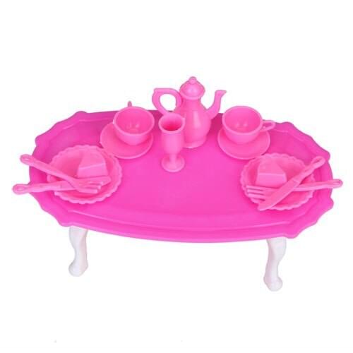 Set of 13PCS Dining Table Set FOR Dolls House Home Decor Tea Cups Dessert Plates Spatula Vase Pot Miniature Pink