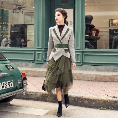 Office Lady Business Suit 2 Piece Set Autumn Runway Women Plaid Blazer Coats + Irregular Mesh Long Skirt Two Piece Set Plus Size