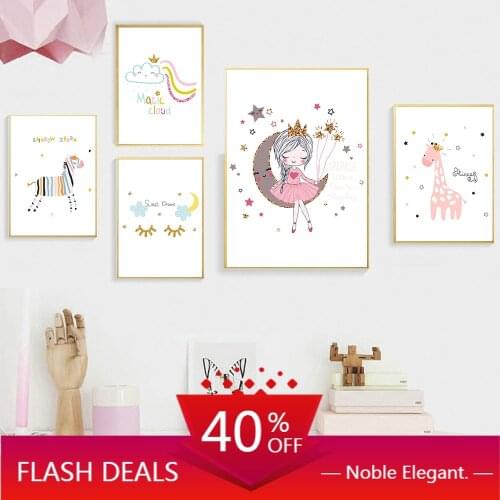 Princess Deer Nordic Poster Nursery Wall Painting Children Room Cartoon Wall Art Christmas Canvas Painting Wall Pictures Baby Gi