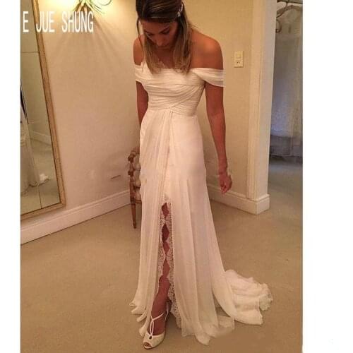 E JUE SHUNG Simple Chiffon Beach Wedding Dresses Off Shoulder Backless Side Split Bridal Gowns Pleats Lace Vestido De Noiva
