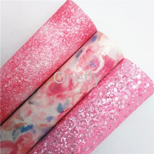 Onefly 21X29CM Pink Glitter Fabric, Flowers Printed Synthetic Leather Fabric Sheets For Bow DIY handbags shoes BQ066
