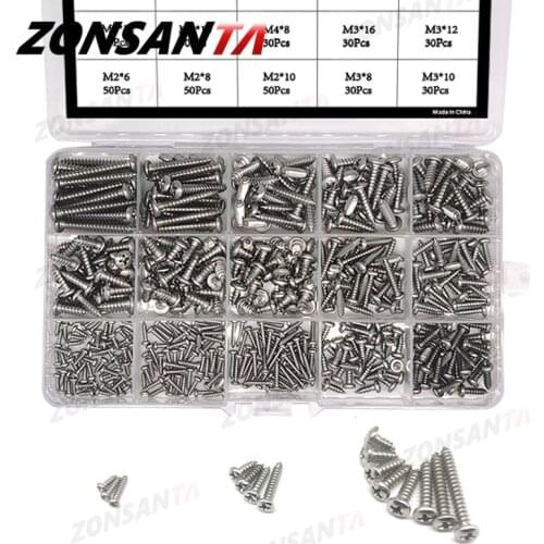 ZONSANTA 460Pcs M2 M3 M4 Phillips Round Head Self tapping Screw Set Stainless steel Pan Head Wood Screws Assortment Kit