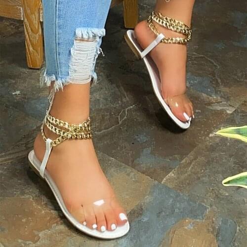Womens Sandals Transparent Metal Gold Chain Summer Ladies Falt Shoes Open Toe Women Casual Comfortable Shoe Female Footwear