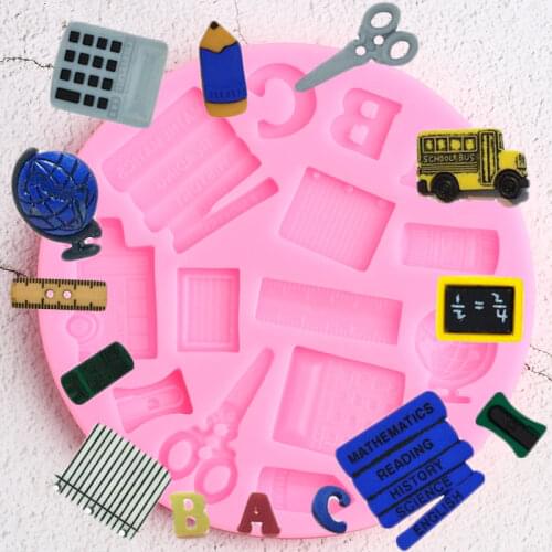 Globe Study Book Scissor Baby Car Ruler School Pen Silicone Mold Fondant Cake Decorating Cupcake Candy Chocolate Gumpaste Molds