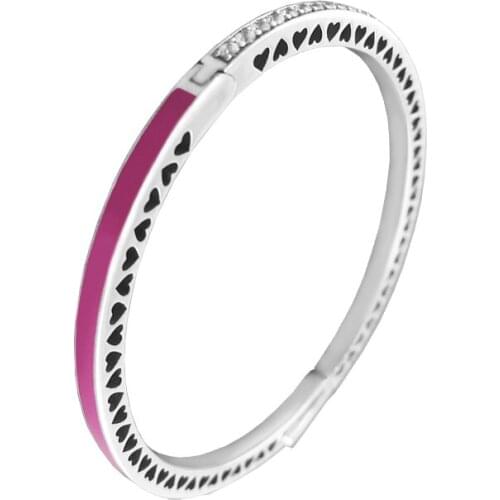 Radiant Hearts Bangles 100% 925 Sterling Silver Jewelry with Orchid Enamel and Clear CZ Free Shipping