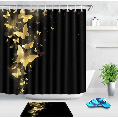 Golden Butterfly Black Printed Shower Curtains Non-slip Carpet Waterproof Fabric Polyester Bathroom Bath Curtains Washable