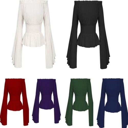 Womens Blouse Gothic Renaissance Flare Sleeves Ruffles Off Shoulder Corset Tops Medieval Victorian Cosplay Costume Pirate Shirt
