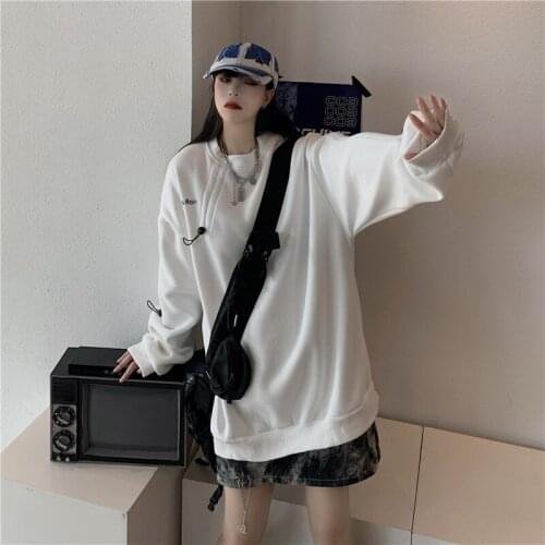 Japanese Vintage Harajuku White Black Pullovers Women Sweatshirts 2020 Winter Loose Thicken Drawstring Long Sleeve Ladies Shirts