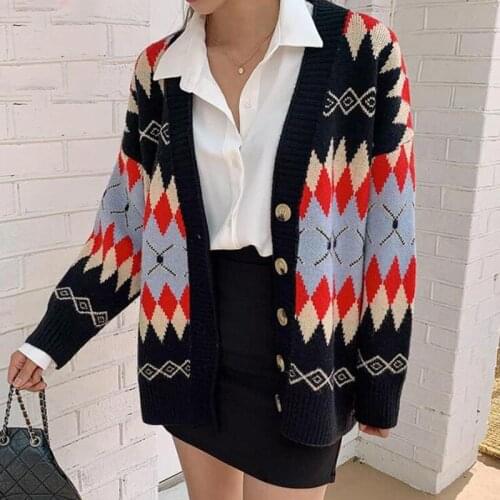 Diamond Jacquard Student Fresh Knitted Sweater Cardigan Womens Autumn and Winter 2021 New College Style V-neck Loose Top Coat