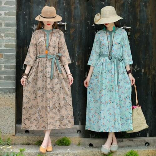 2021 New Arrival Print Floral Sashes Fashion Women Summer Dress Cotton Linen Slim Office Lady Work Dress Travel Casual Dress