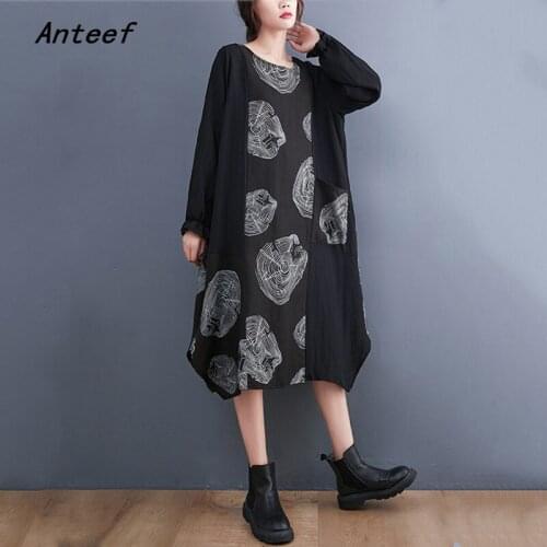 Anteef long sleeve plus size cotton vintage floral dresses for women casual loose midi spring autumn dress elegant clothing 2021