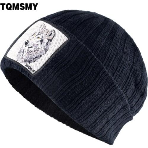 TQMSMY Winter Hats For Men And Women Fashion Knitted Beanie With Wolf Patch Warm Double Layer Knit Skullies Cap Hip Hop Hat TBLT