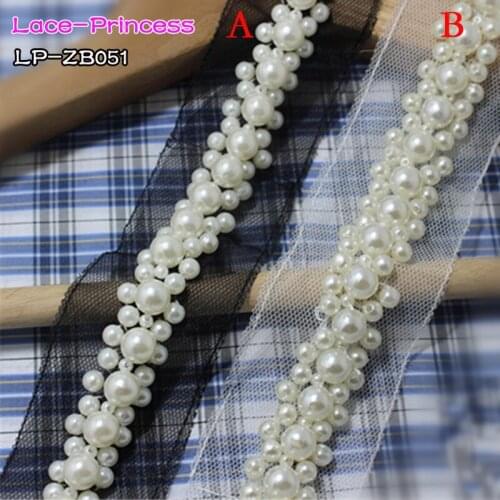 1 yard 2CM black white fabric pearl drill clothing accessories collar flower DIY handmade beading Braid lace trim fabric ZB051