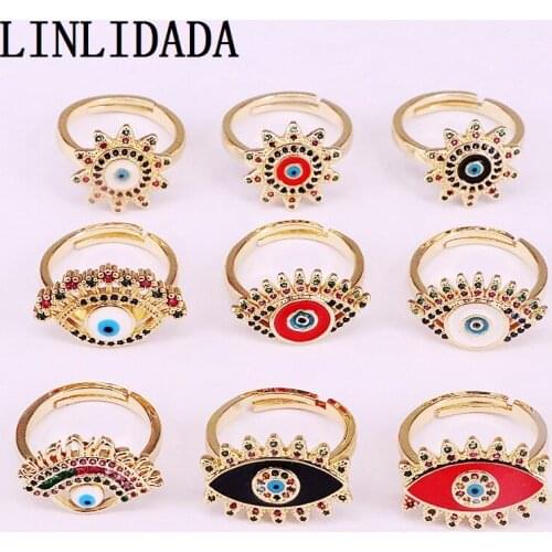 12Pcs Gold Color Enamel Cz Eye Finger Rings Vintage Open Jewelry Accessories Ring For Women