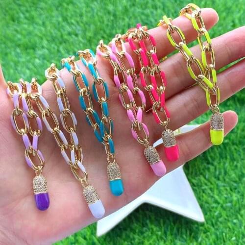 3Pcs CZ Pave Enamel Dainty Pill Pendant Necklaces Chunky Chain Necklace for Women Punk Crystal Jewelry Charm Gift