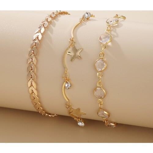3 Pcs/Set Gold Color Pentacle Star Charm Bracelets for Women Crystal Beads Tennis Bracelets Snake Chain Braclets Womens New