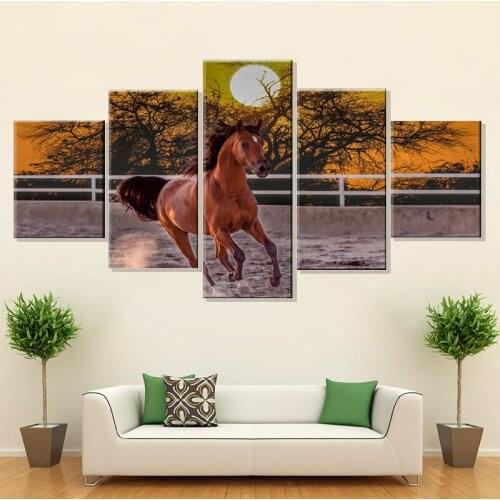 5 Panels Running Steed Horse Moon Water Canvas Paintings Prints Animal Horses Poster Wall Art For Living Room Decor Pictures