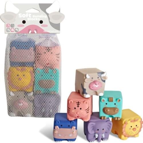 6 Pcs 3D Soft Silicone Animal Number Stacking Building Blocks Montessori Educational Toy Sensory Bite Bath Tower Toys