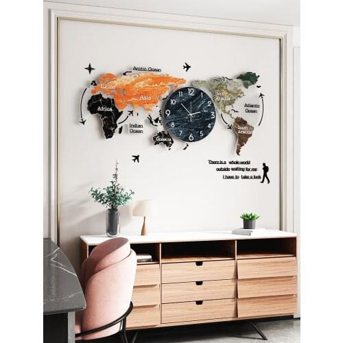 Larger World Map Wood Creative Clock Modern Design DIY Mirror Sticker Hanging watch Quartz Mute Living Room Free Shipping