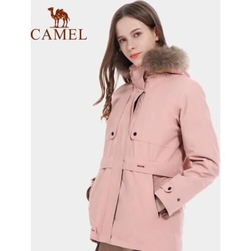 CAMEL Official Women Outdoor Mid-length Jacket Womens Fur Collar Plus Velvet Thickening Three-in-one Detachable Two-piece Suit