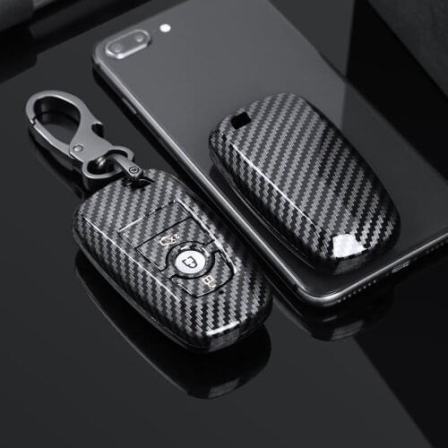 Carbon Fiber ABS Car Key Case For Ford Mustang 2018 EcoSport 3 4 Buttons Smart Remote Fobs Shell Cover Keys Bag Keychain Auto
