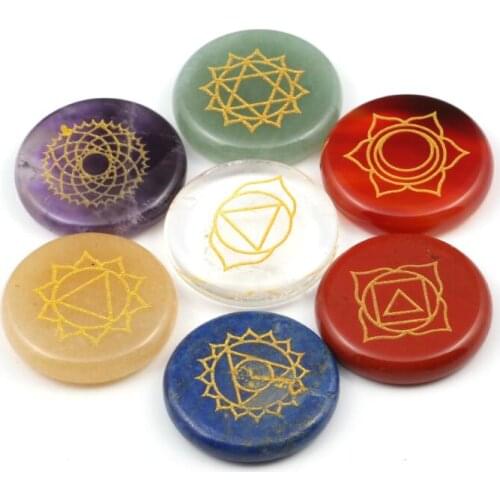 Wholesale Set of 7 stones Reiki Chakra Healing Stones Chakra Case,7 Chakra Stones with Engraved Chakra Symbols 25mm